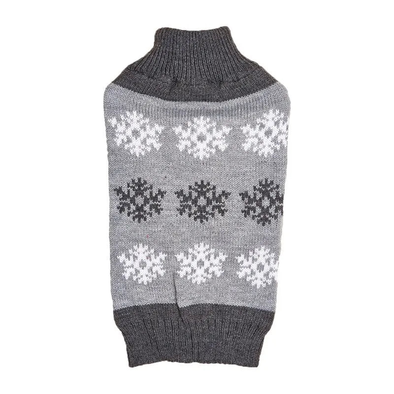 Grey dog Christmas sweater with snowflake pattern on a small breed pet