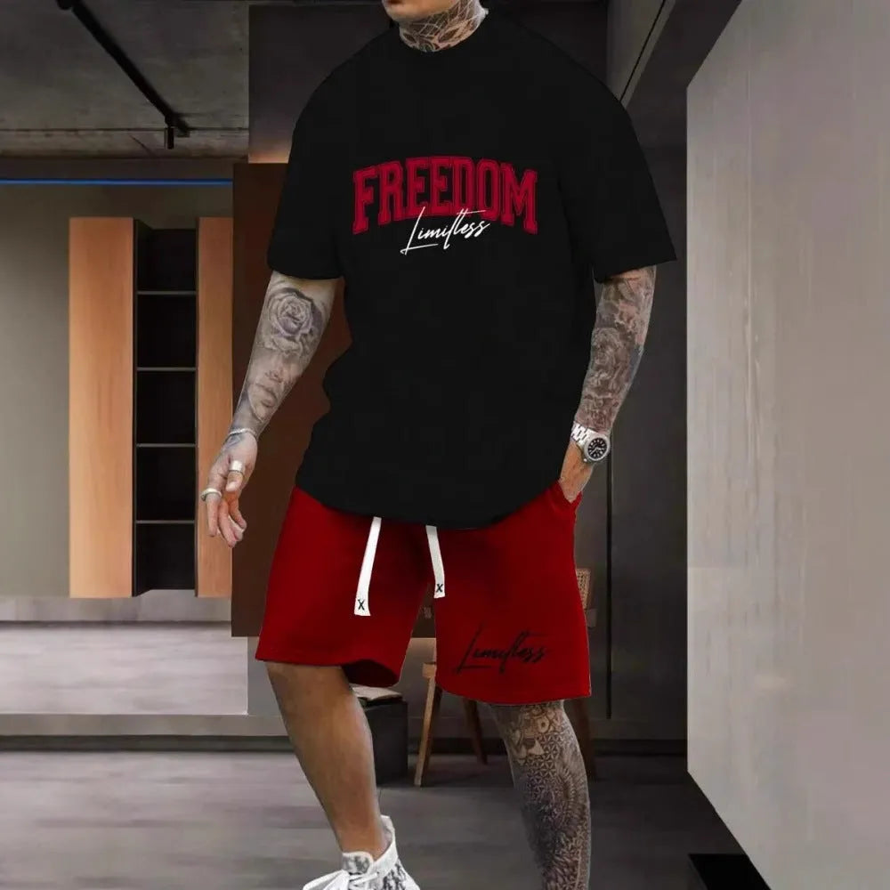 Men's short sleeve top and shorts sportswear set with 3D letter printing in polyester fabric