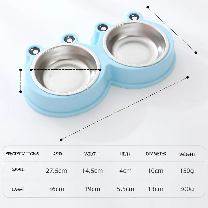 Blue double compartment pet feeding bowl with stainless steel frog-shaped water bowl attached.