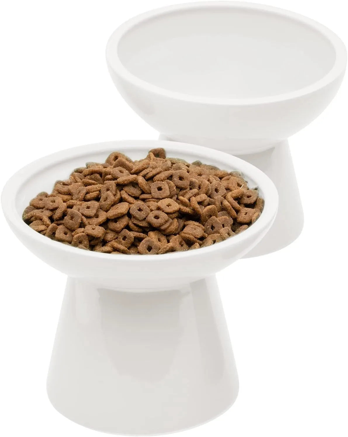 Ceramic elevated cat food bowl in blue, showing wide shallow dish on raised base.