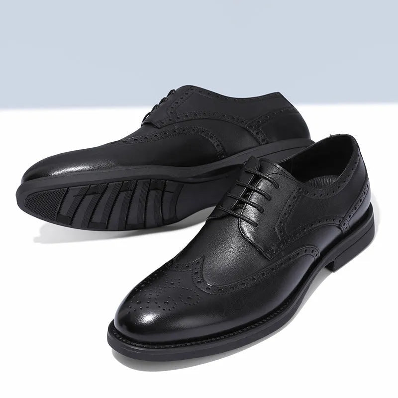 Men's black and brown brogue Oxford lace-up business shoes on a white background.