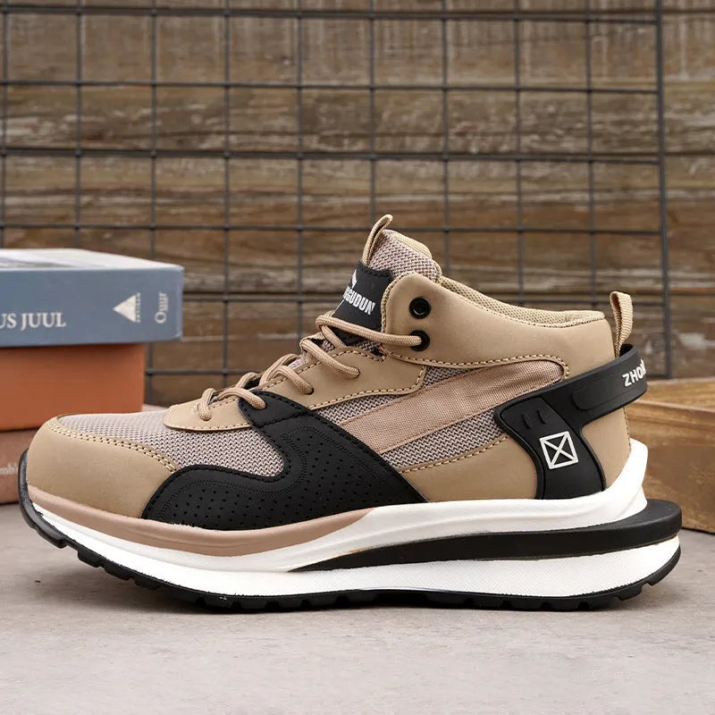 Anti-smashing steel toe labour protection shoes, flat knitted upper, rubber sole, low top, available in black brown grey