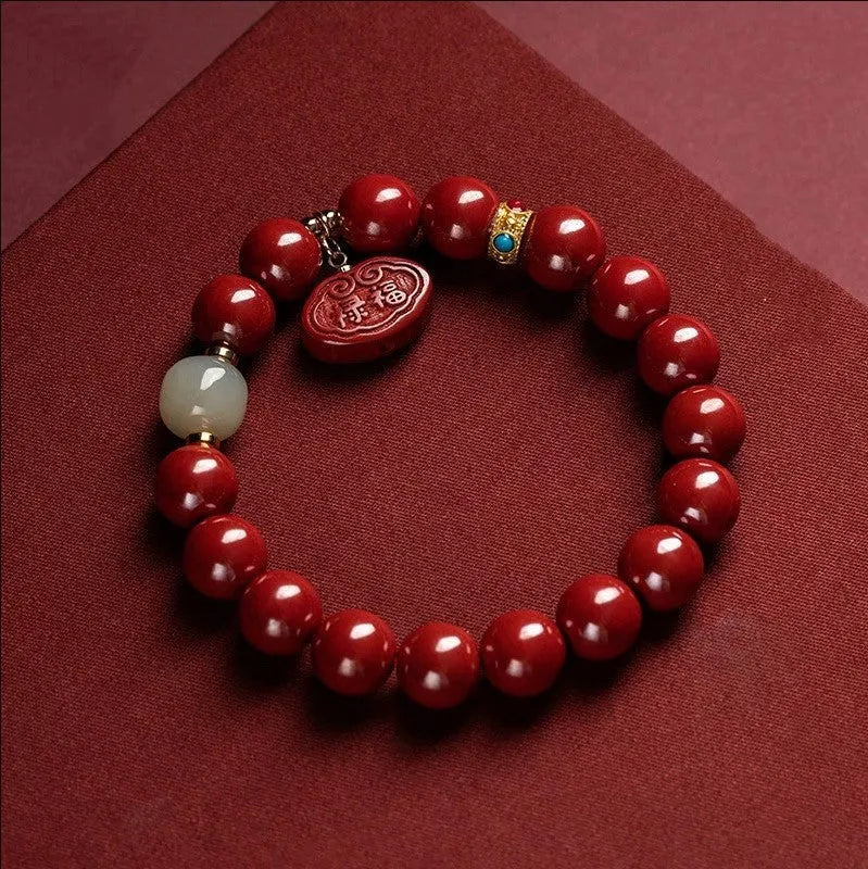 Natural cinnabar bracelet with Emperor sandstone bead in Ping An Fu Lu design, 8mm or 10mm size options