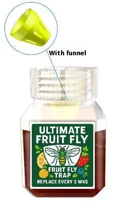 Bottle of fruit fly bait liquid for trap refill, available in multiple specifications.
