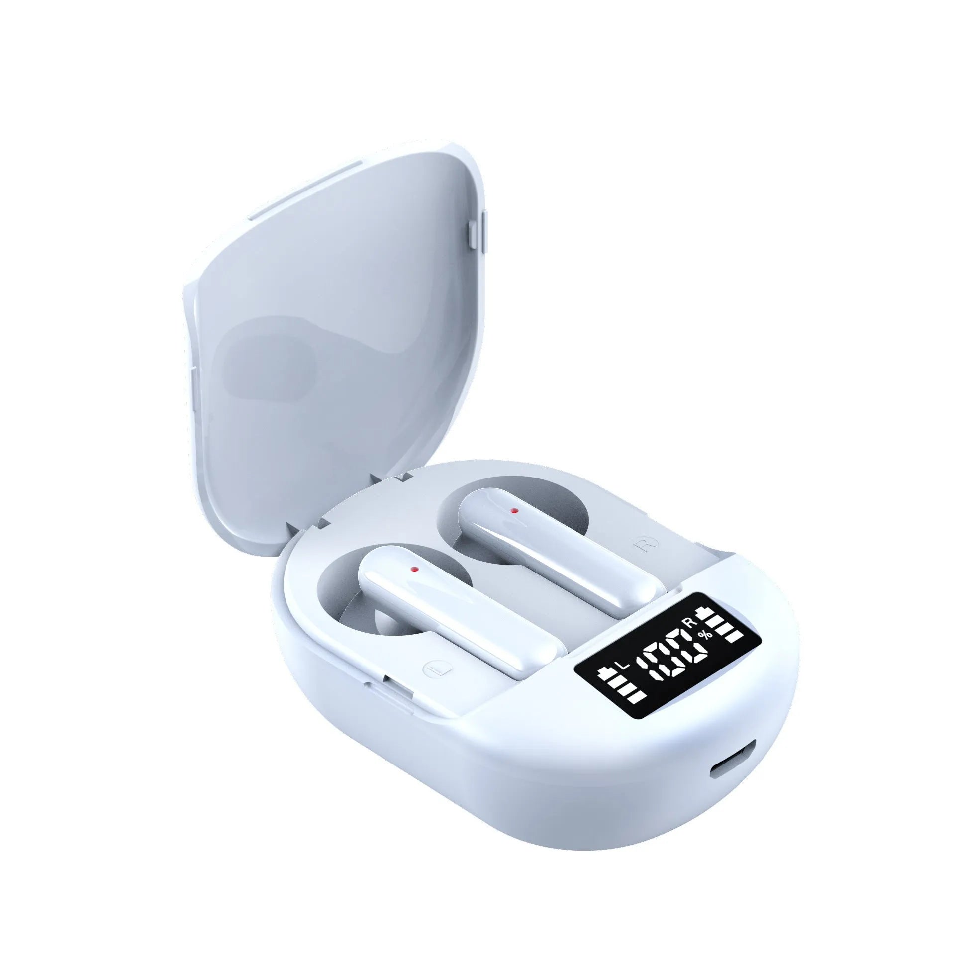 Black or white wireless Bluetooth in-ear headset with charging bin, featuring a digital display screen.