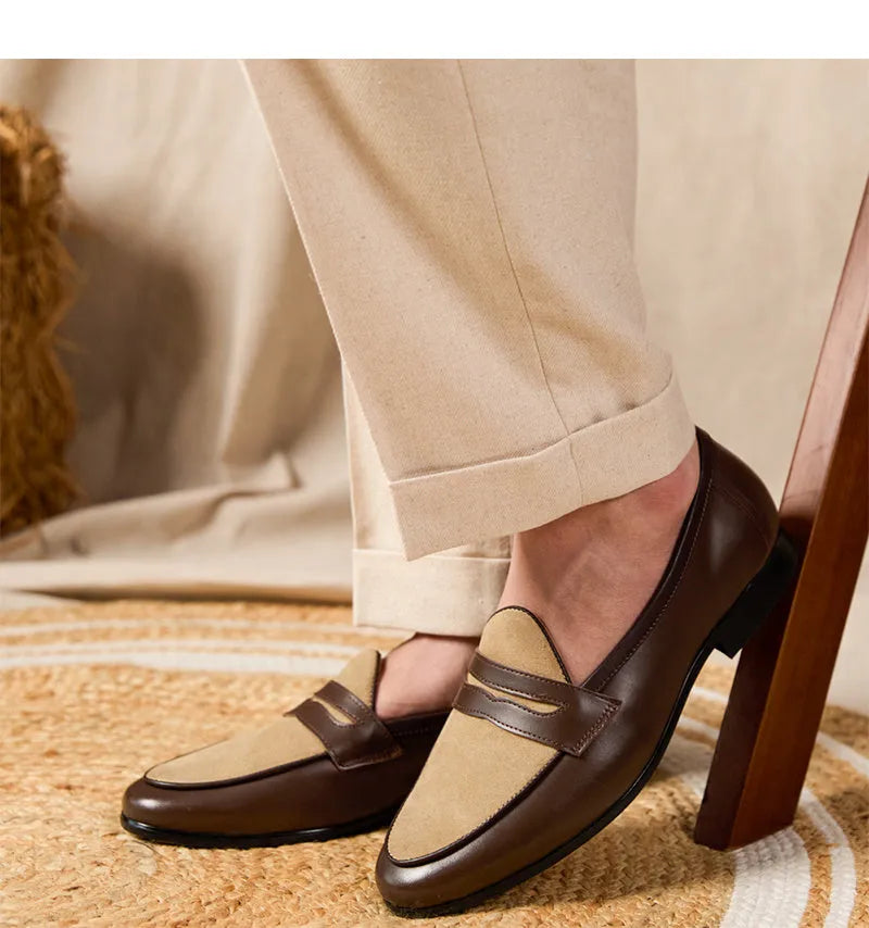 Men's coffee-grey suede slip-on loafers with a high-gloss finish and rubber sole.