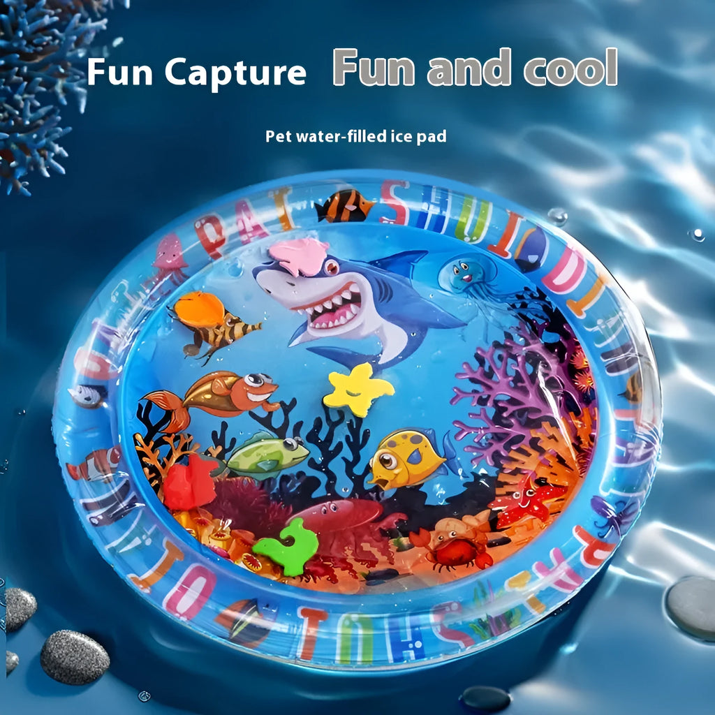 Inflatable PVC water cooling bed for pets, showing dolphin design on a blue background.