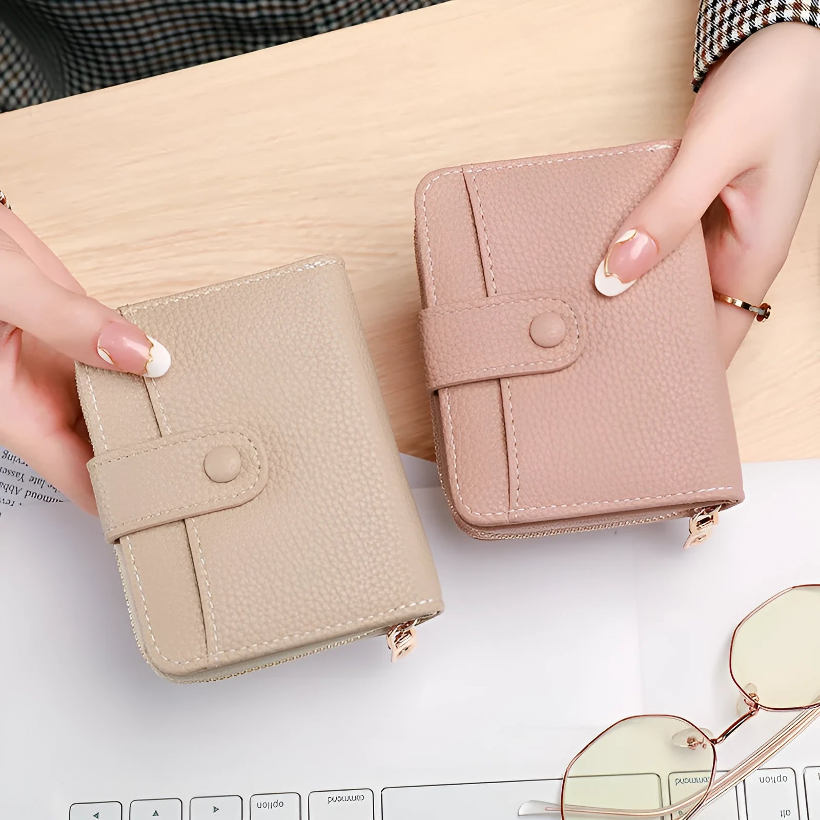 Women's lychee pattern solid colour PU short wallet with sewing thread detail in beige