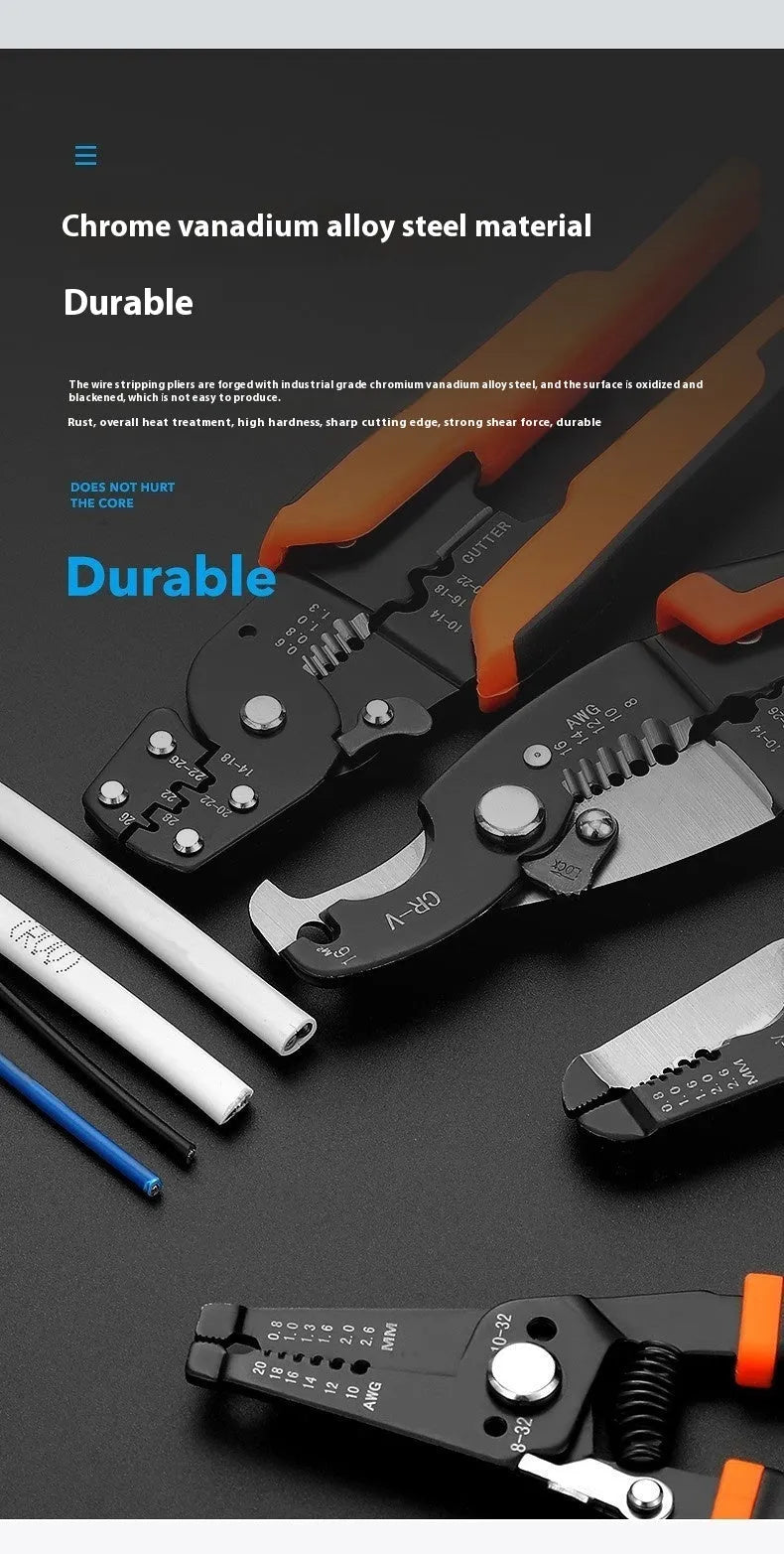 Automatic wire stripping pliers tool with professional steel construction for electrical cable preparation