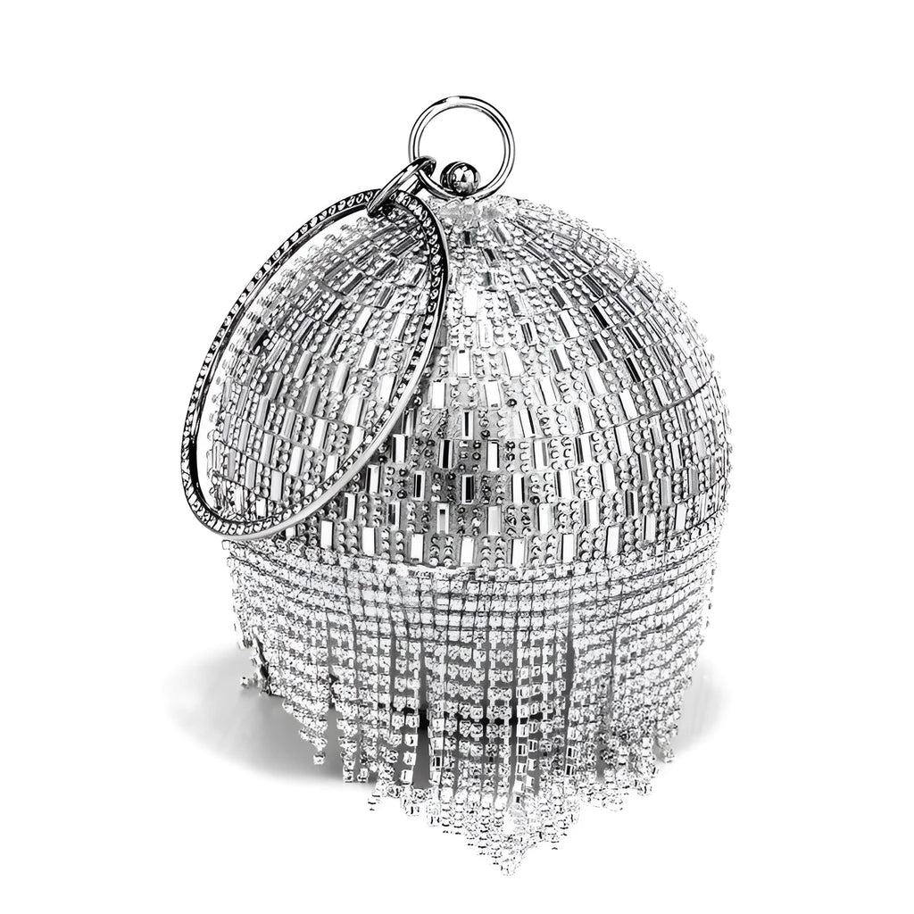 Shining rhinestone round tassel dinner bag in silver with polyester body and decorative tassel