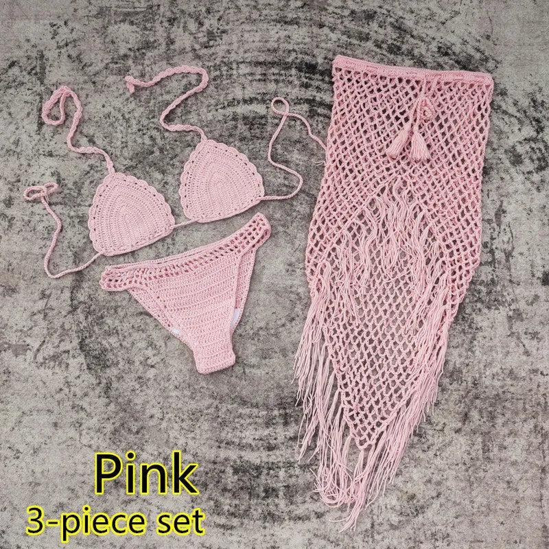 Women's 3-piece handmade crochet bikini beach skirt swimsuit set in solid colours