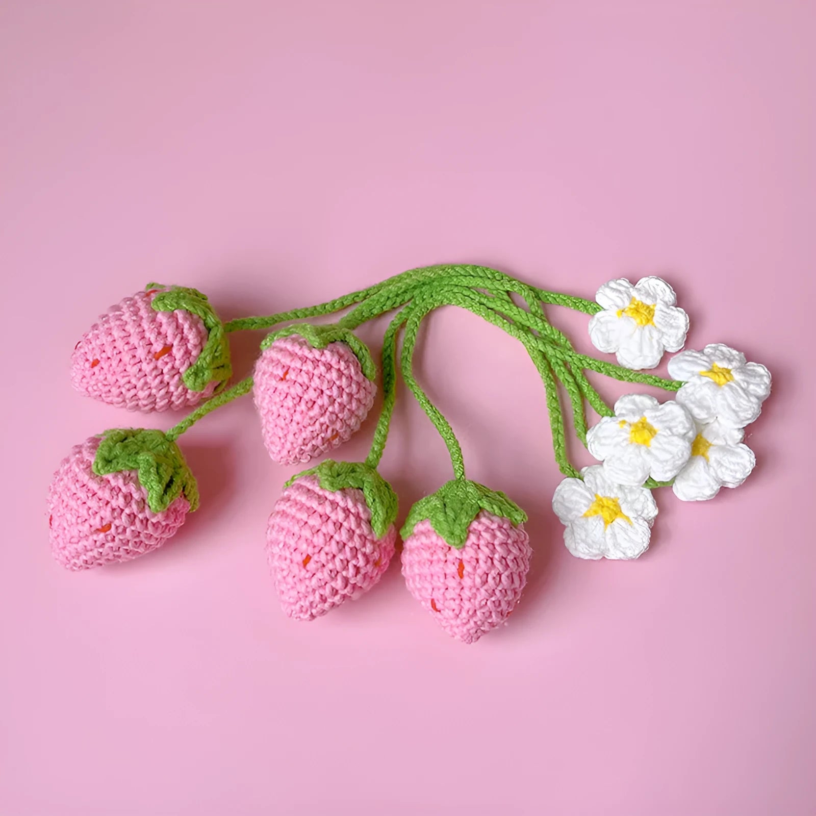 Handmade wool crochet strawberry pendant necklace in red or pink colour with 35cm length