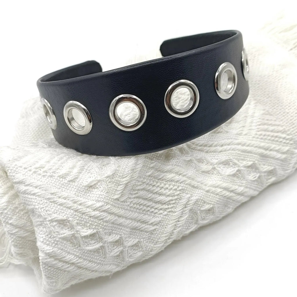 Black handmade artificial leather wide headband with punk style round and square rivets