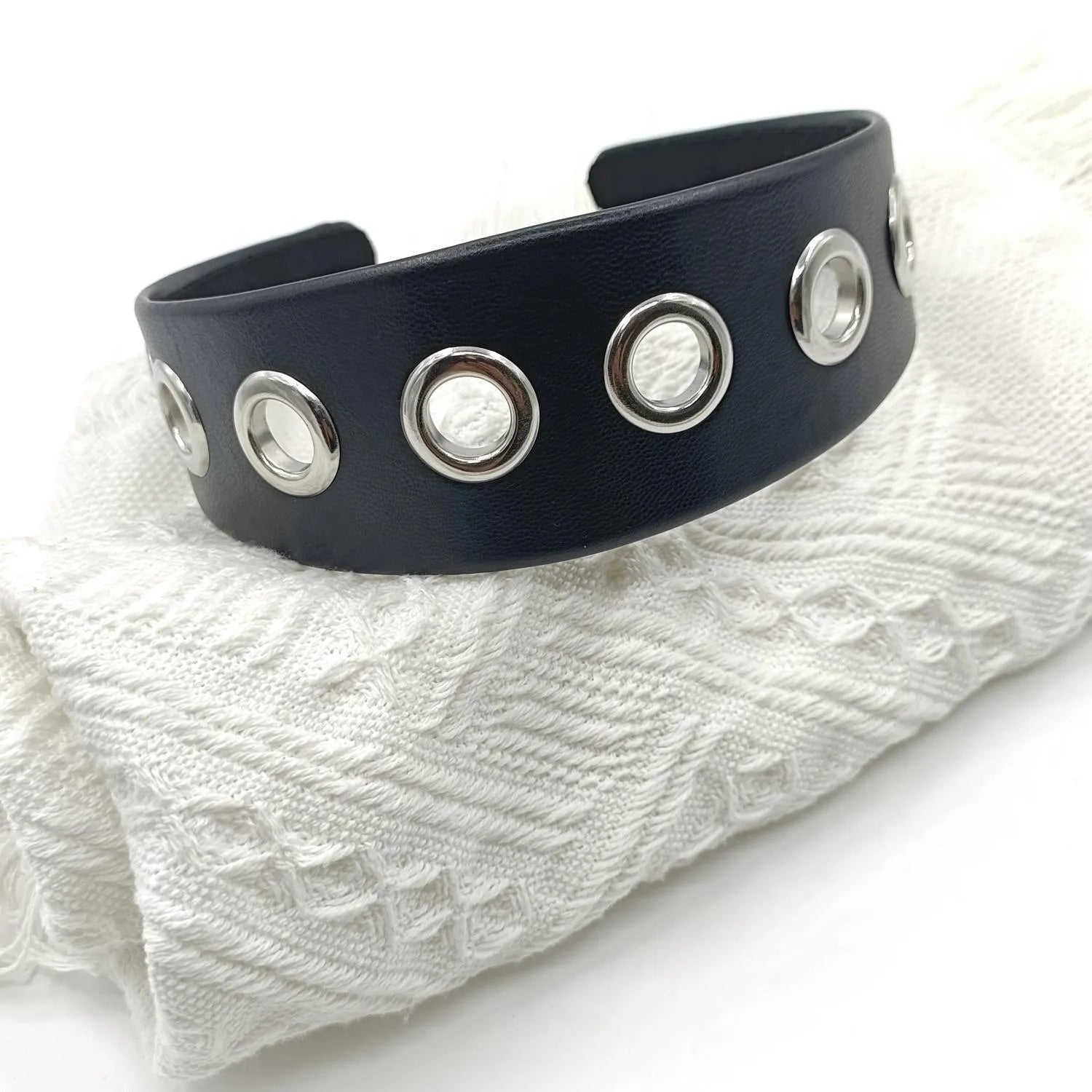 Black handmade artificial leather wide headband with punk style round and square rivets
