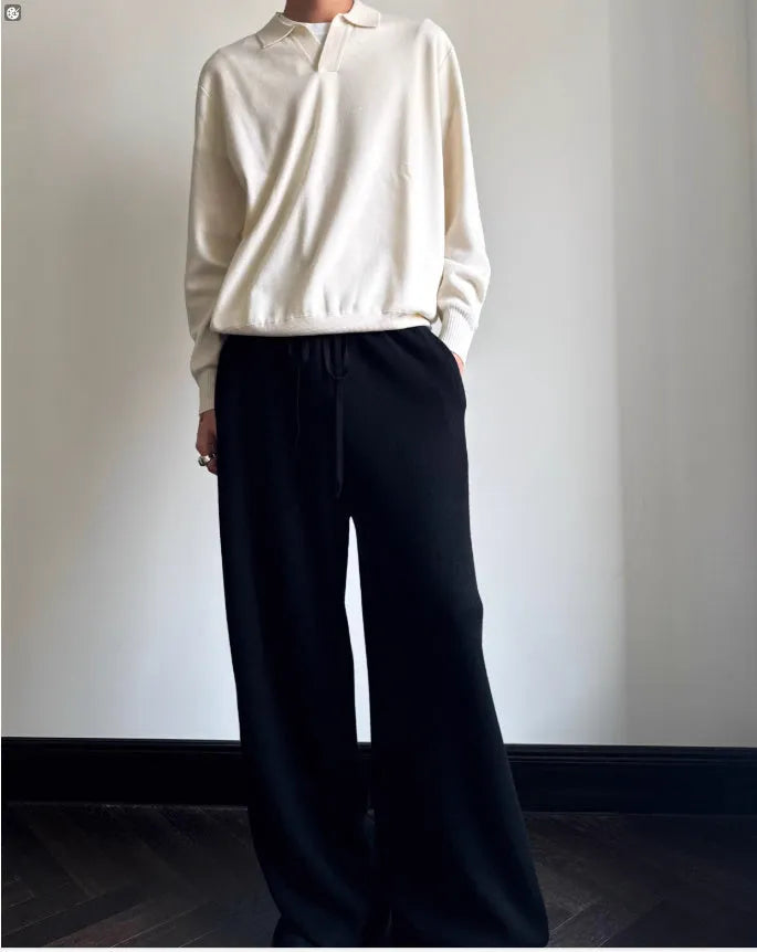Pure wool lapel polo sweater in loose fit, shown in milky white and navy blue.