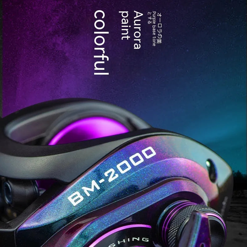 BM2000 water drop shaped spincast fishing reel with magnetic brake, shown in left and right hand versions.
