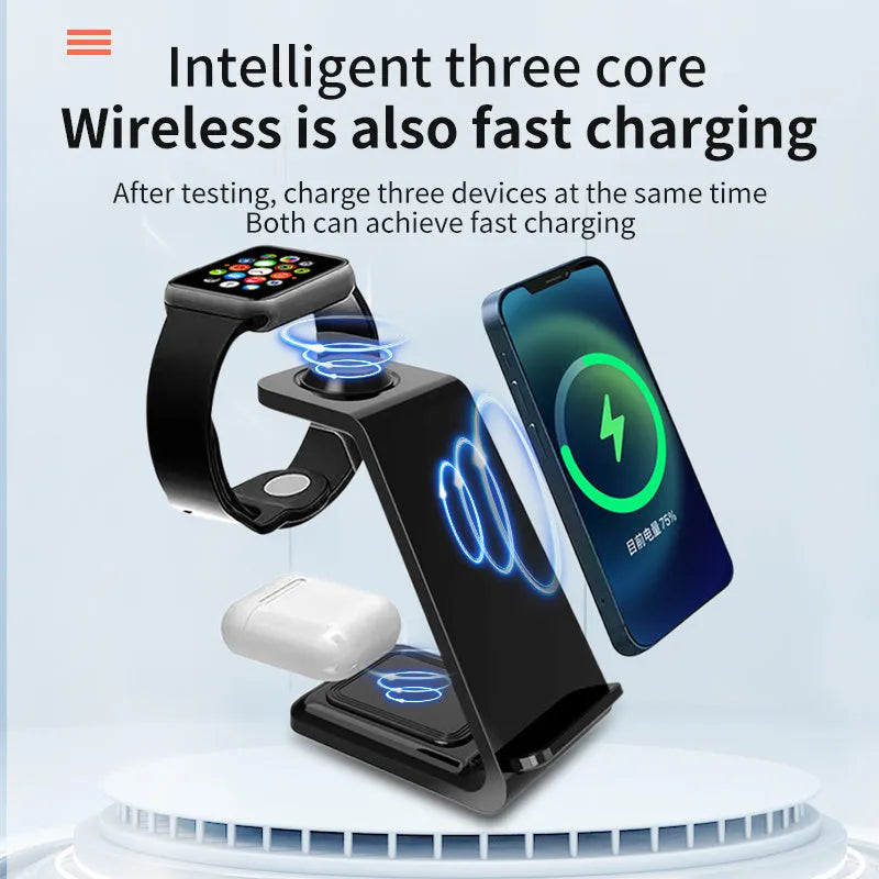 White 3-in-1 upright wireless charger with phone holder showing Type-C cable connection