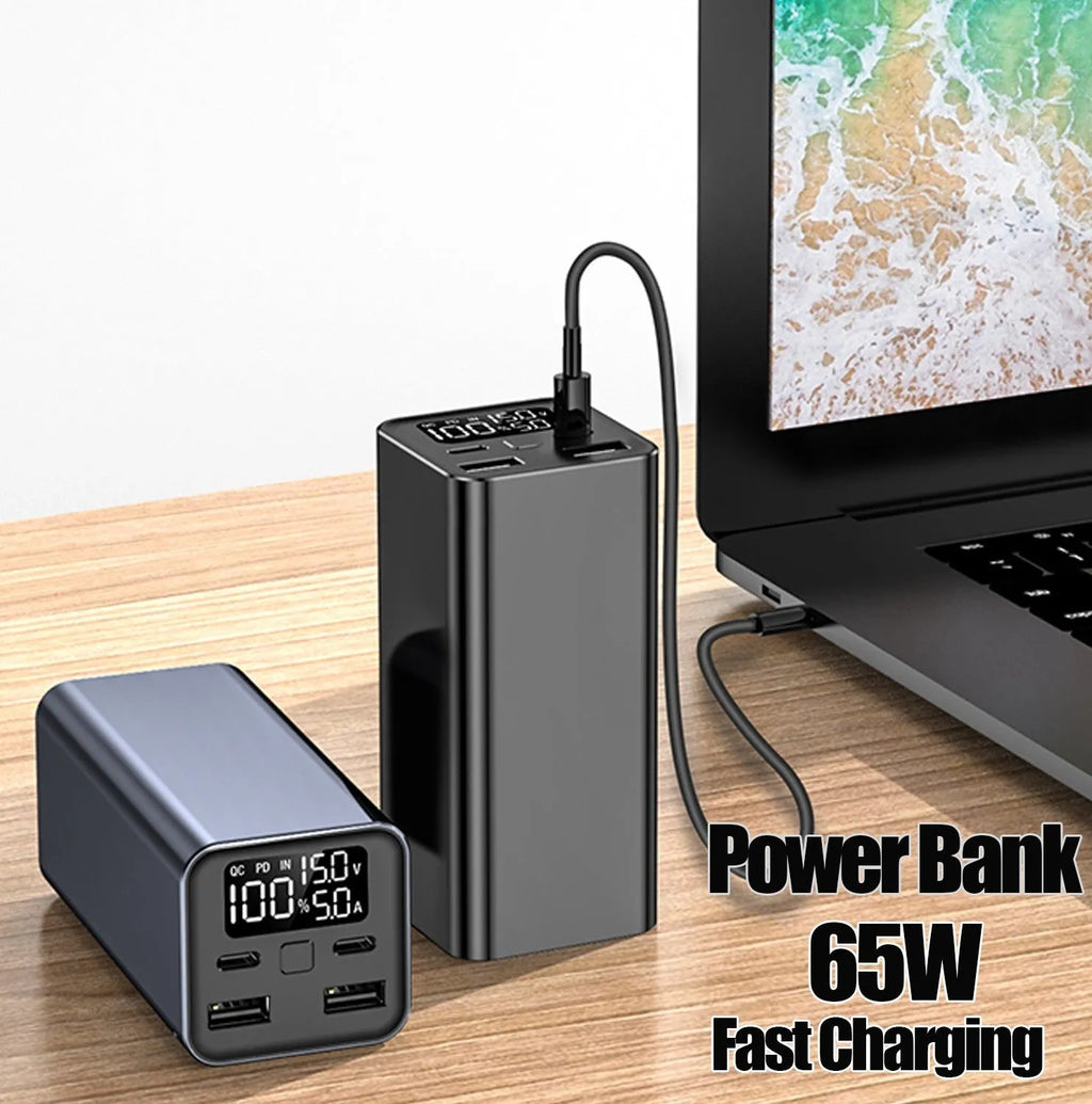 65W metal power bank for laptop charging with 20000mAh capacity in black, blue or grey colours