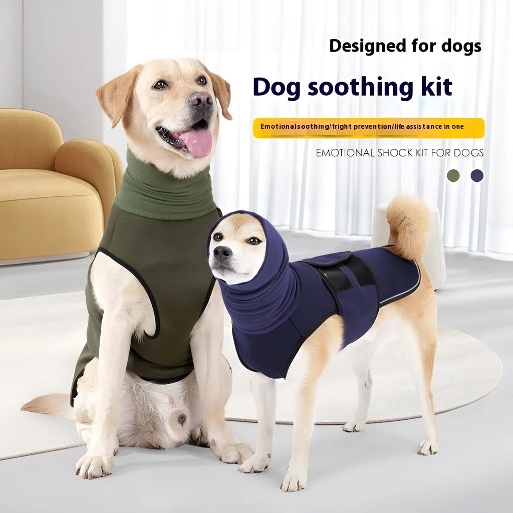 Army Green polyester dog calming anxiety vest on a medium-sized dog