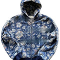 Man wearing a blue loose hooded zip-up polyester coat for casual autumn wear.