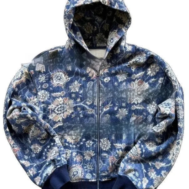 Man wearing a blue loose hooded zip-up polyester coat for casual autumn wear.