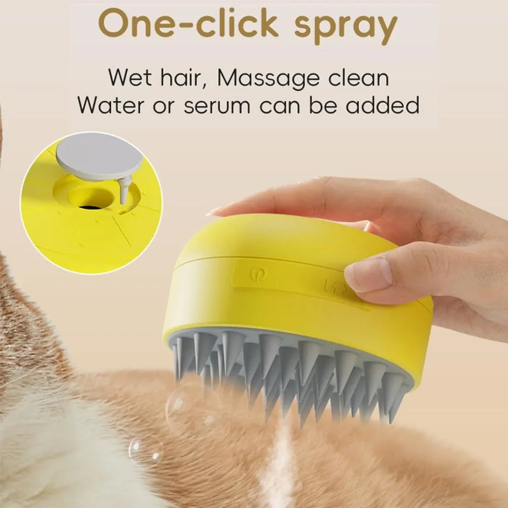 Green rechargeable cat steam brush with silicone bristles and steam activation button