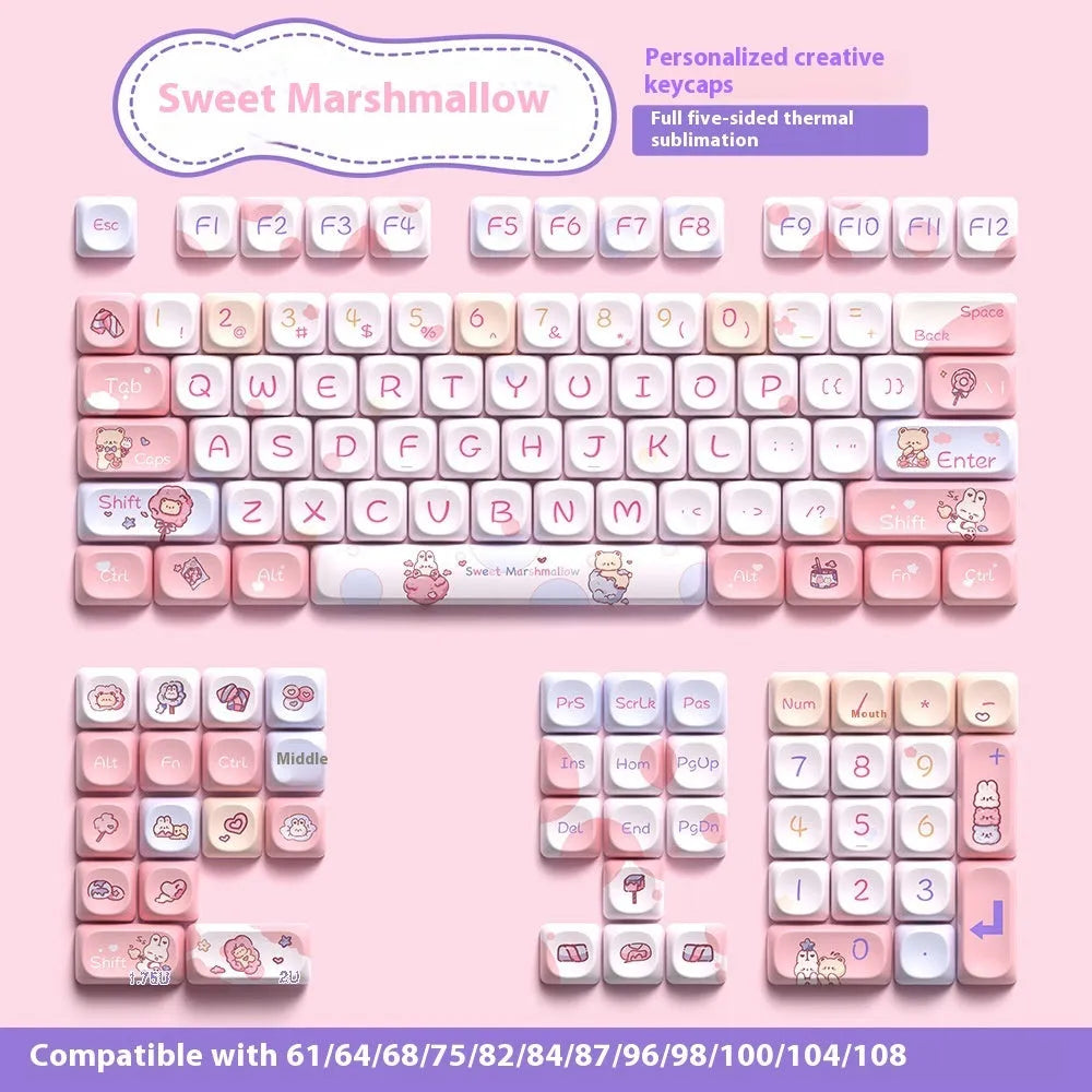 Sweet Cotton Candy pink and white mechanical keyboard keycap set with original character designs