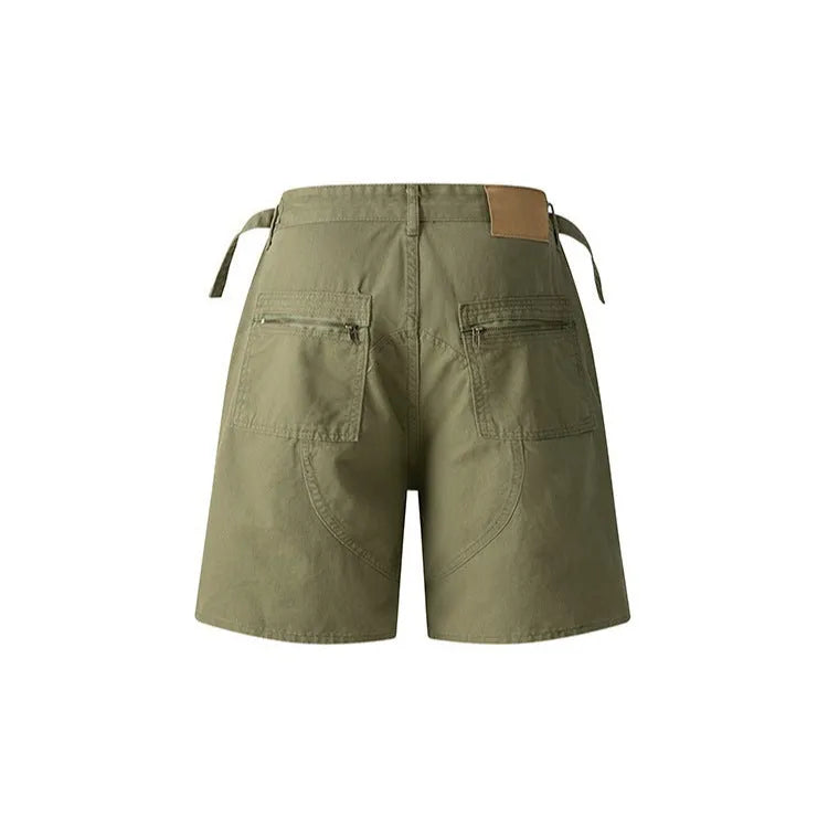 Retro workwear shorts in washed cotton fabric with half elastic waistband