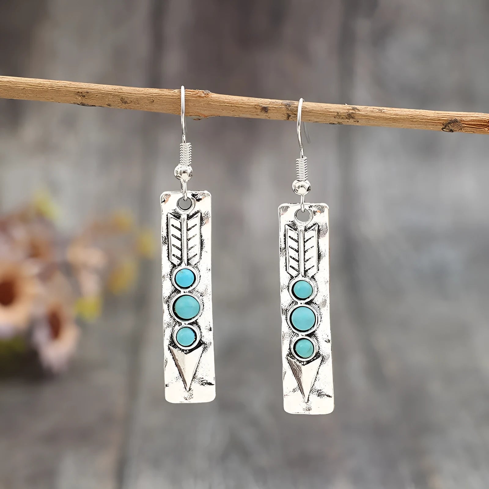 Women's silver geometric retro earrings with inlaid turquoise detailing on long strip design