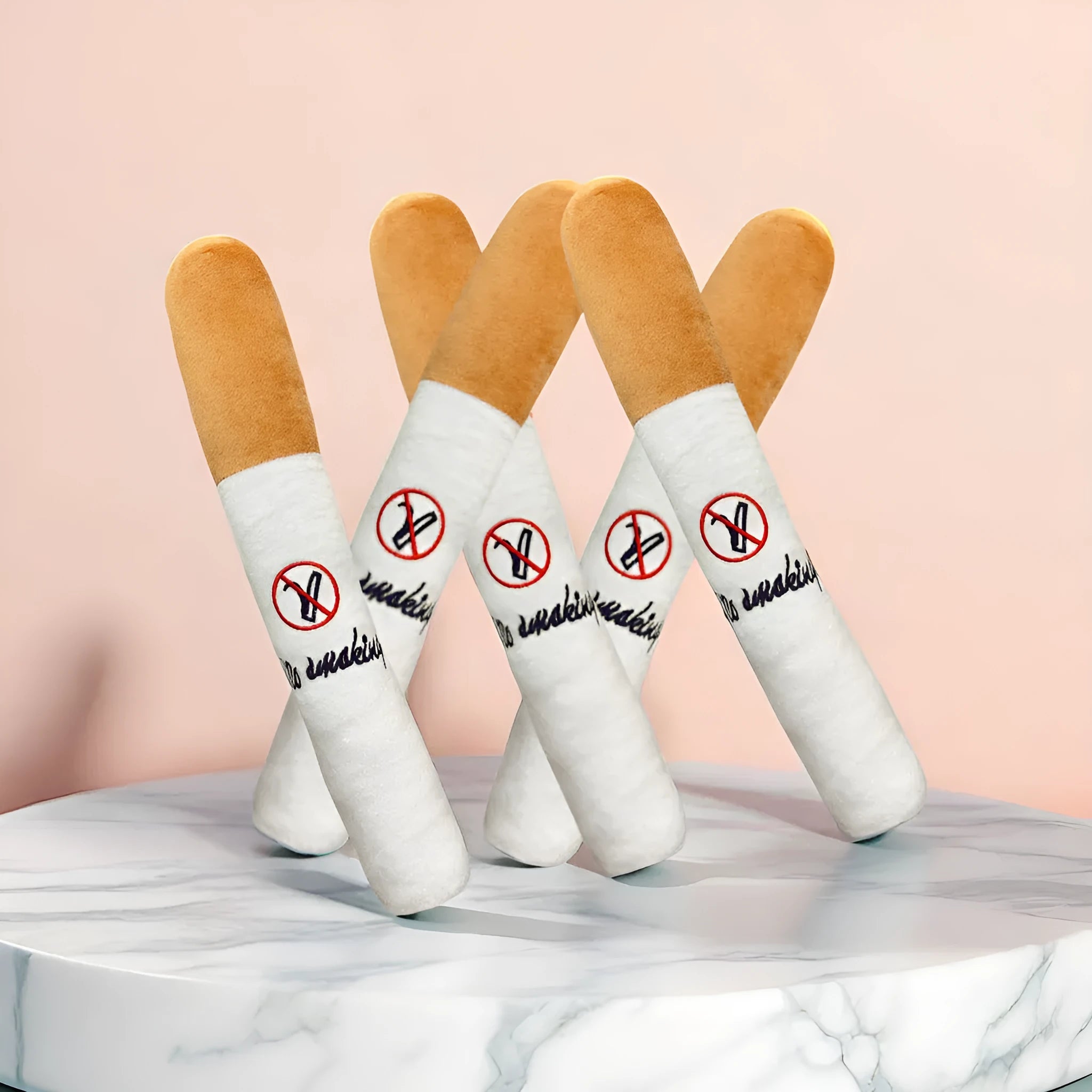 White plush cigarette shaped pet toy with squeaky sounder for cats and dogs