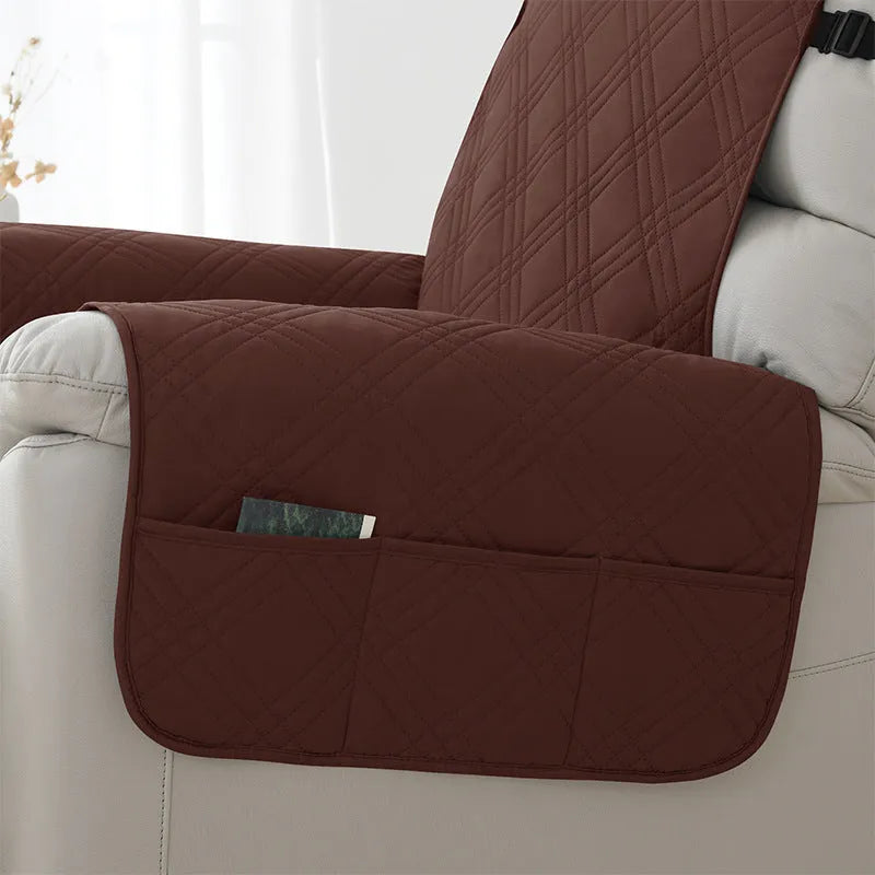 Quilted burgundy polyester spandex cover fitted on a Chivas massage chair sofa cushion.