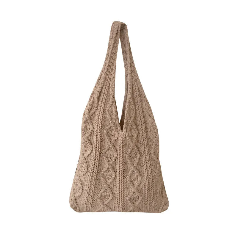 Retro hollow knitted women's shoulder tote bag in solid colour with double straps