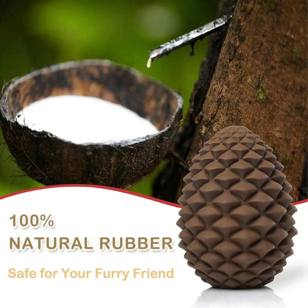 Yellow pine cone shaped dog chew toy with textures and a treat dispenser hole.