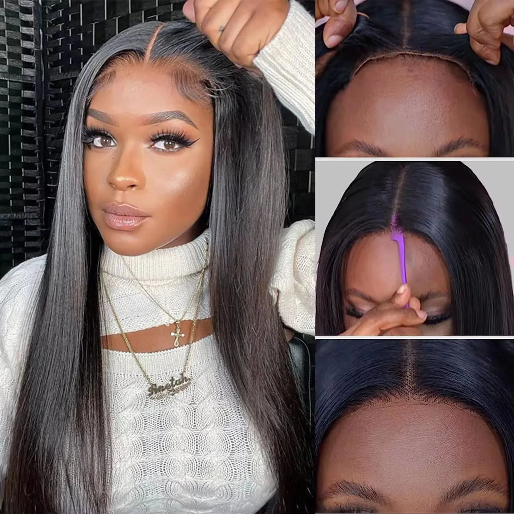 A long, straight, glueless human hair wig with side bangs, shown in a dark colour.