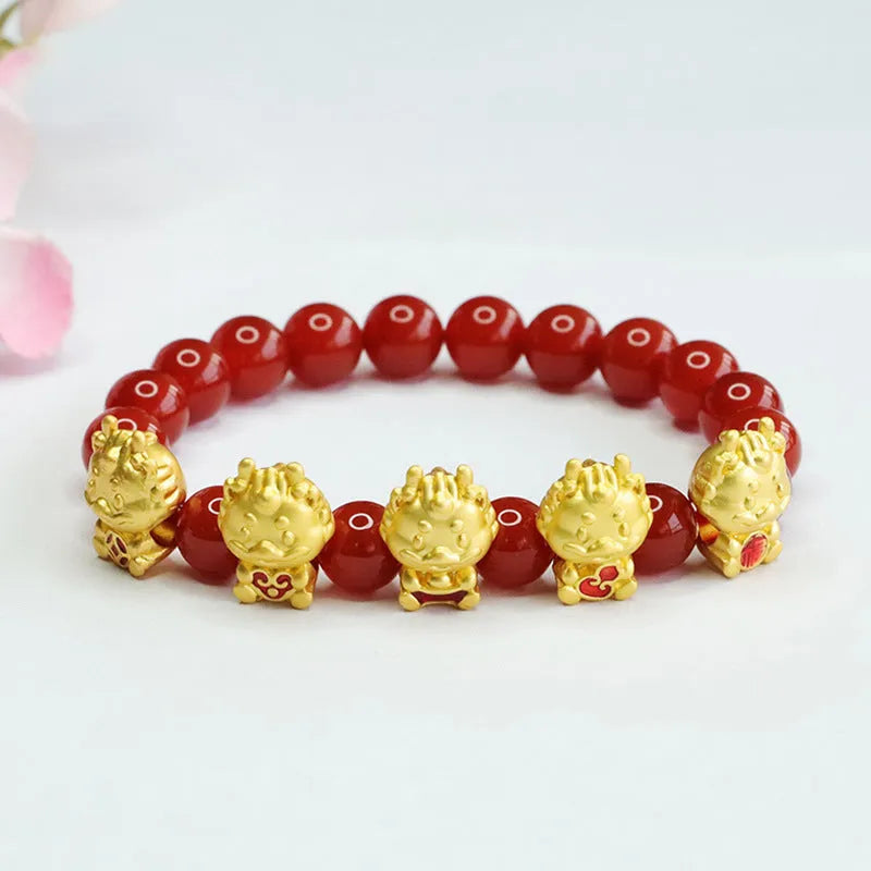 Natural red agate bracelet with Five Blessing Dragon carving, 8mm beads, Chinese style