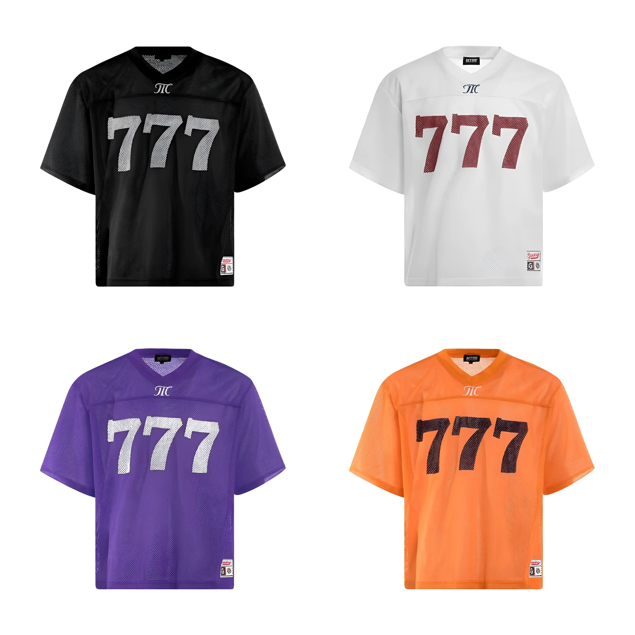 Retro style loose fit polyester t-shirt shown in black, white, purple, and orange colour options.