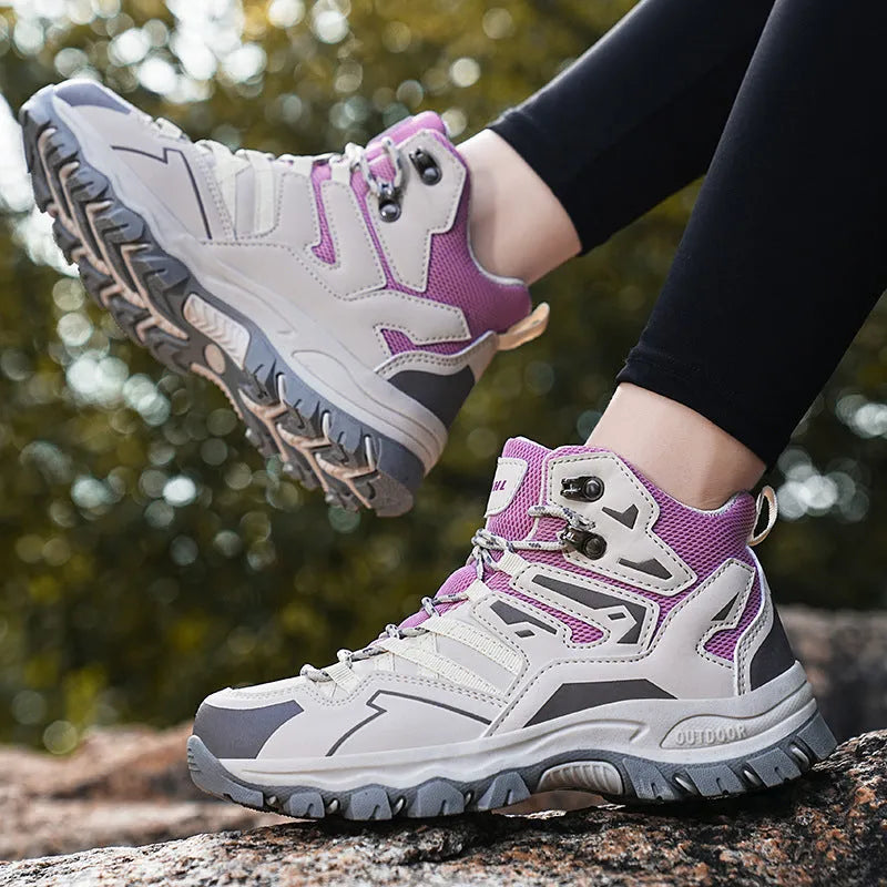 High-top hiking sneakers in multiple colours with lace-up front and rubber sole.
