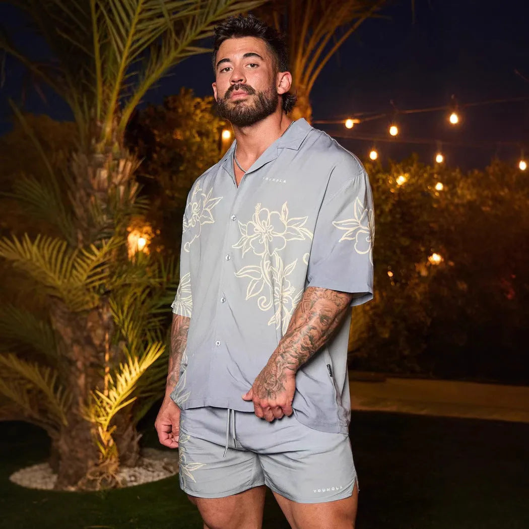Men's floral printed loose short sleeve top in light colours with cardigan style