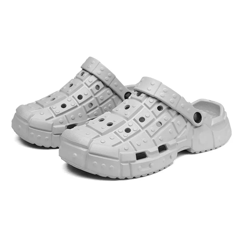 Men's non-slip thick bottom EVA hole sandals in black, gray, and sand colour