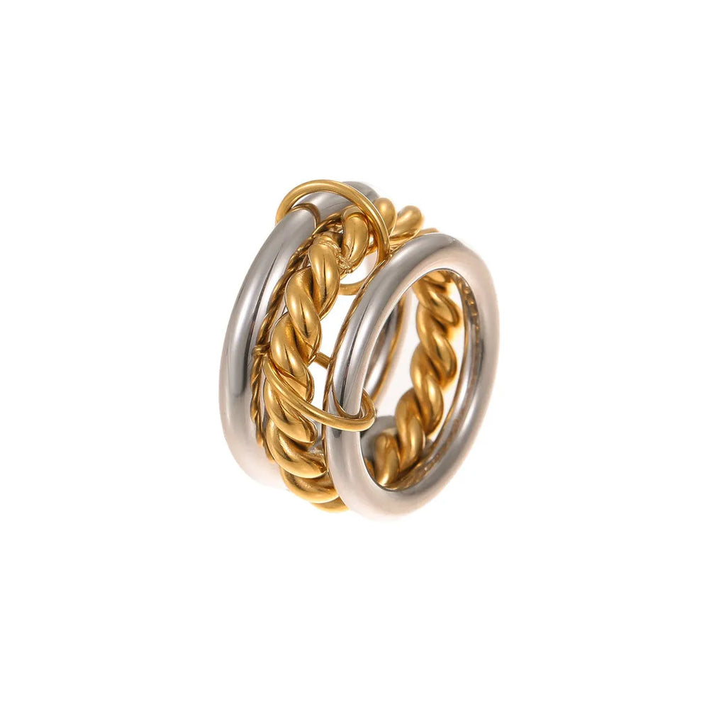 Stacked stainless steel rings with 18K gold plating in colour-matched set for women