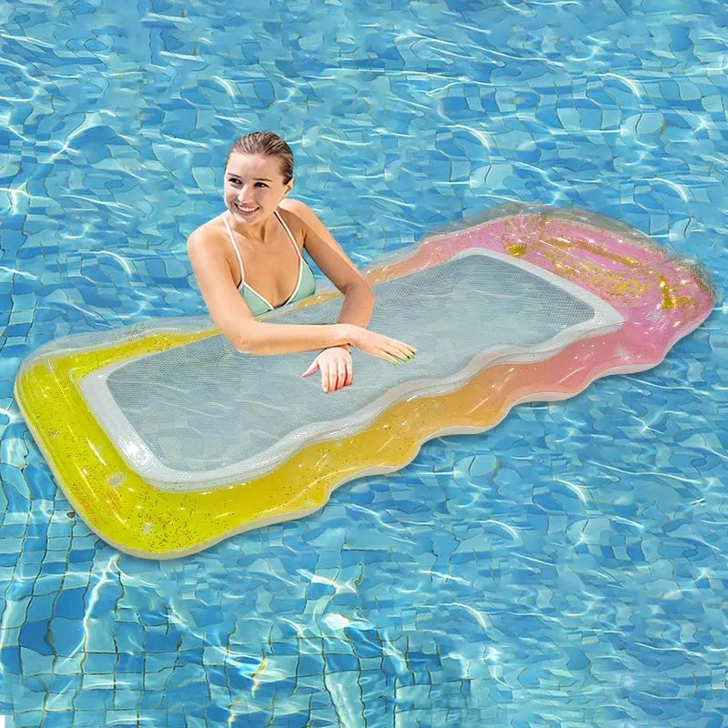 PVC thick sequins wave inflatable floating row in gradient colours with mesh deck chair design