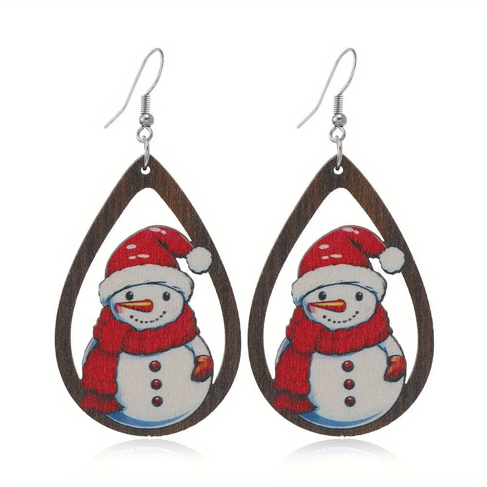 Wooden Christmas earrings with printed tree and snowman designs