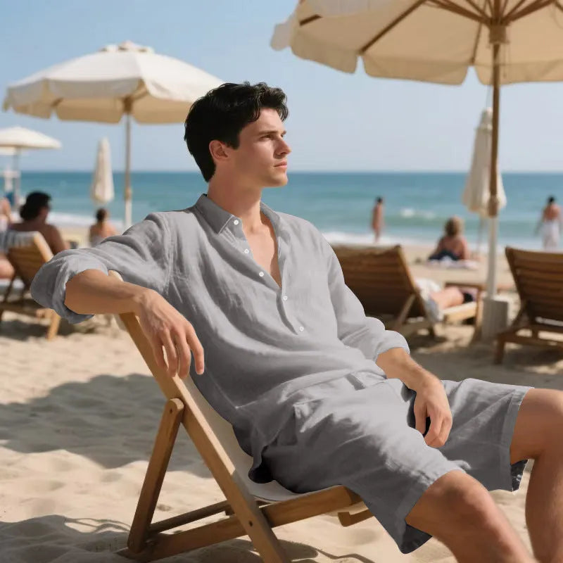 Women's linen long sleeve shirt and shorts beach suit in khaki, front view on model