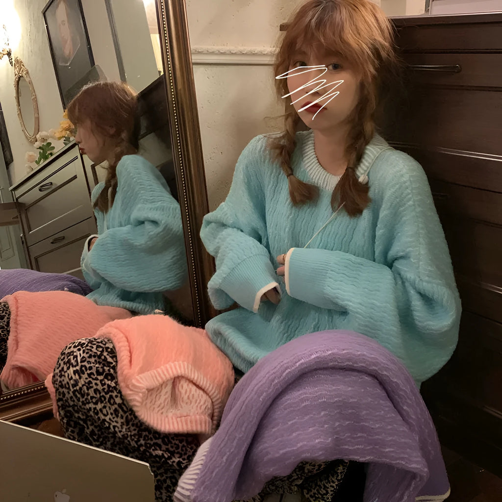 Women's loose retro pullover sweater in lake blue colour with regular sleeves and medium thickness fabric