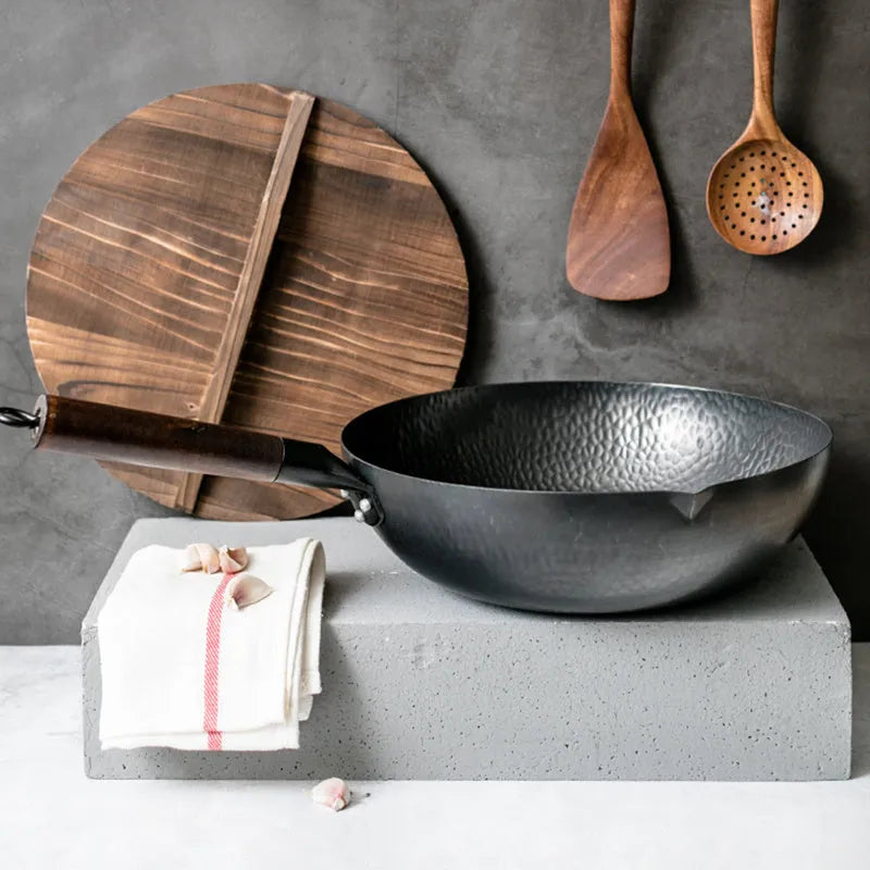 Traditional black iron wok with wooden handle, 40cm diameter