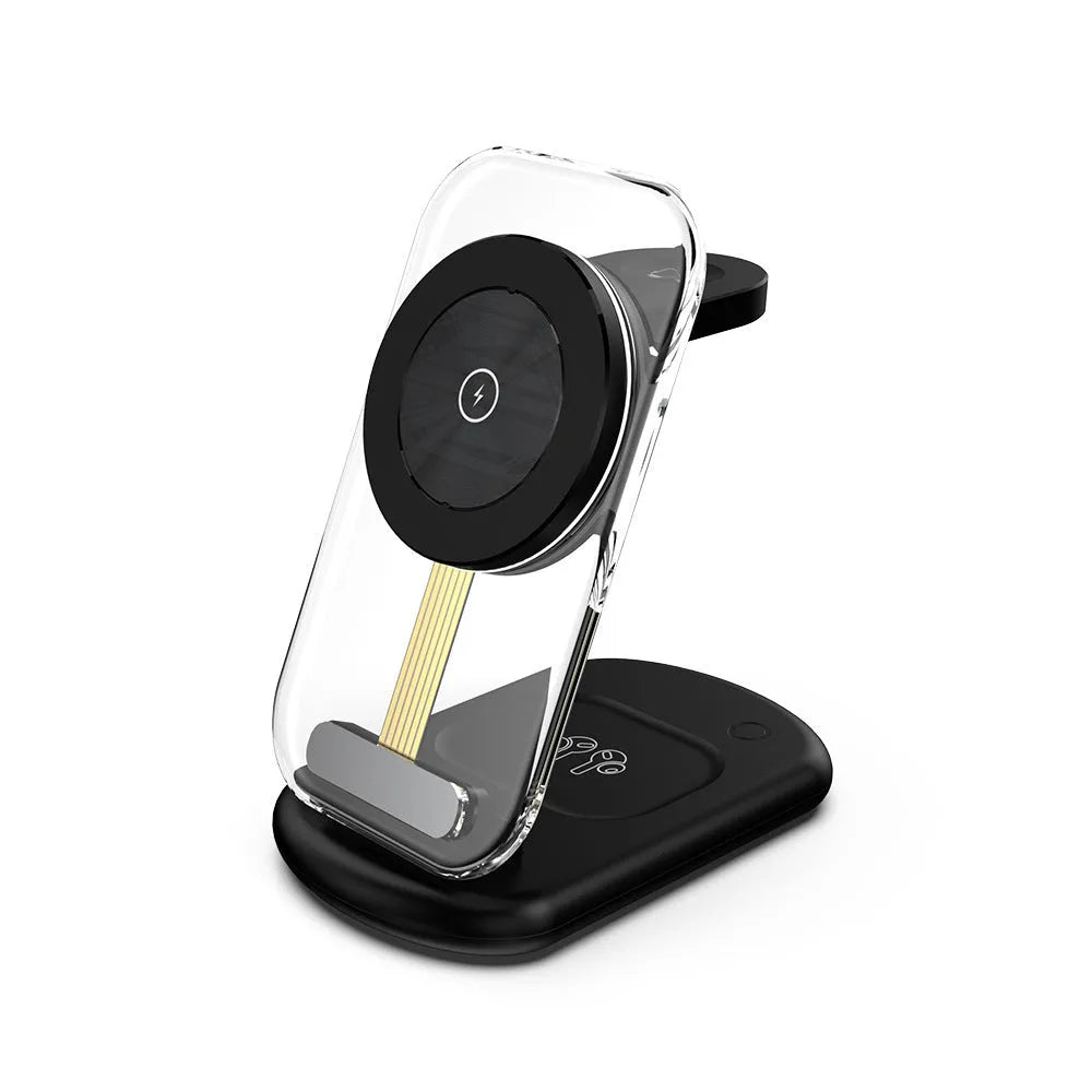 Transparent folding magnetic wireless charger showing internal components with QC3.0 fast charging