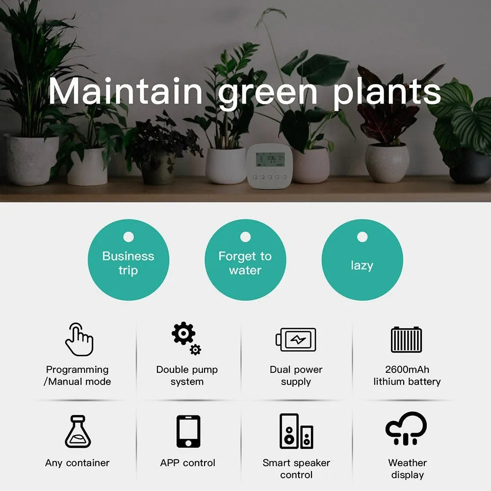 Graffiti smart home rechargeable sprinkler timer with WiFi timing, 2600mAh battery, and drip irrigation accessories