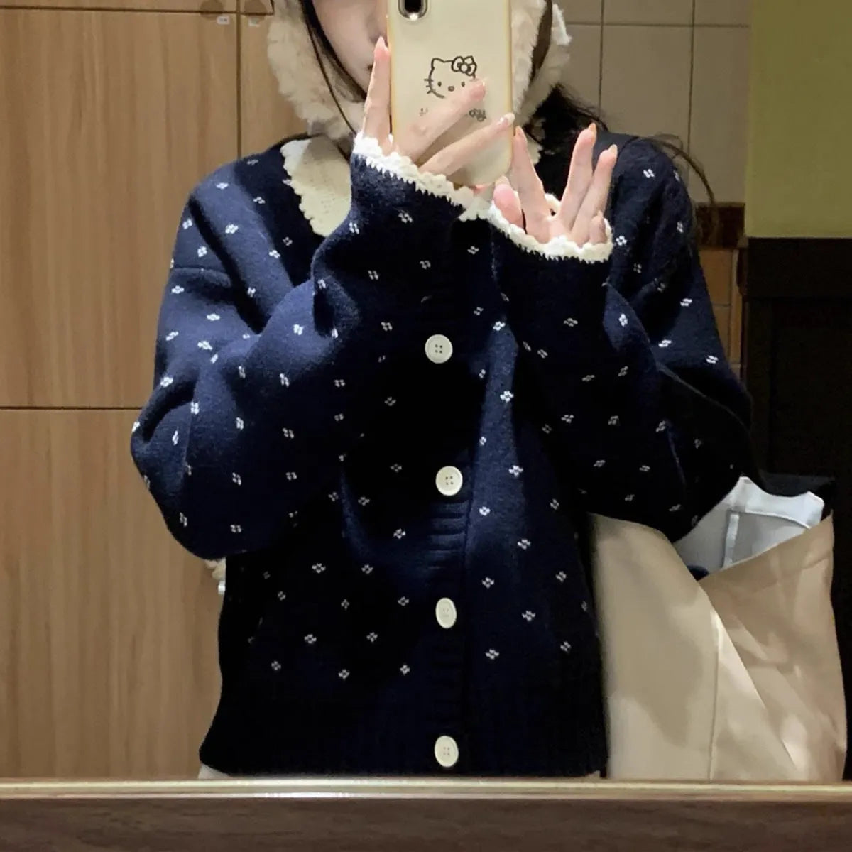 Retro floral pattern Peter Pan collar knitted cardigan coat in navy blue, apricot, or grey.