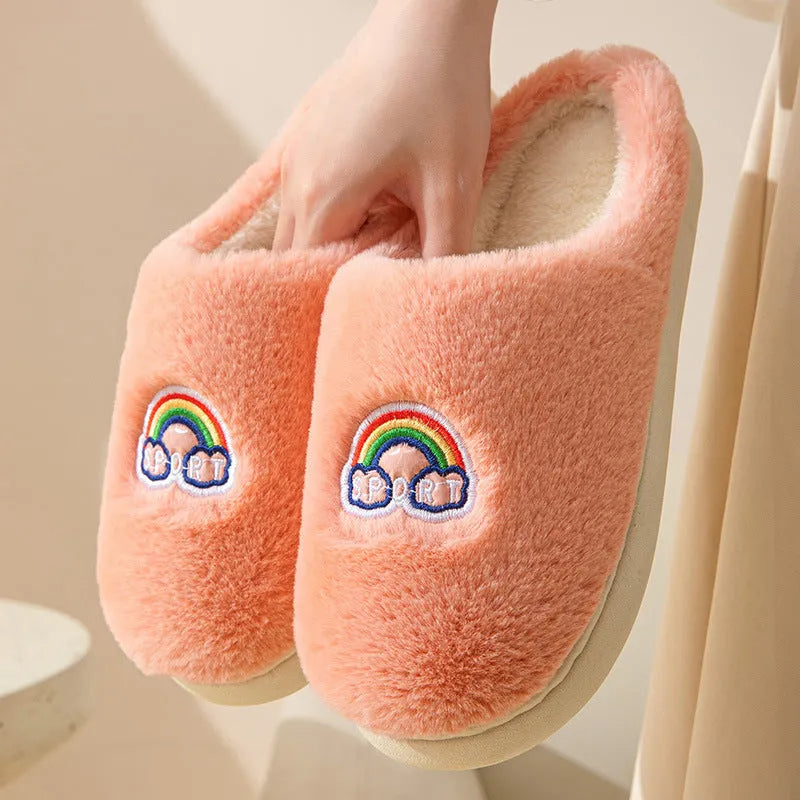 Kawaii rainbow embroidered plush slippers with rubber sole, wrapped toe, round heel, available in multiple colours