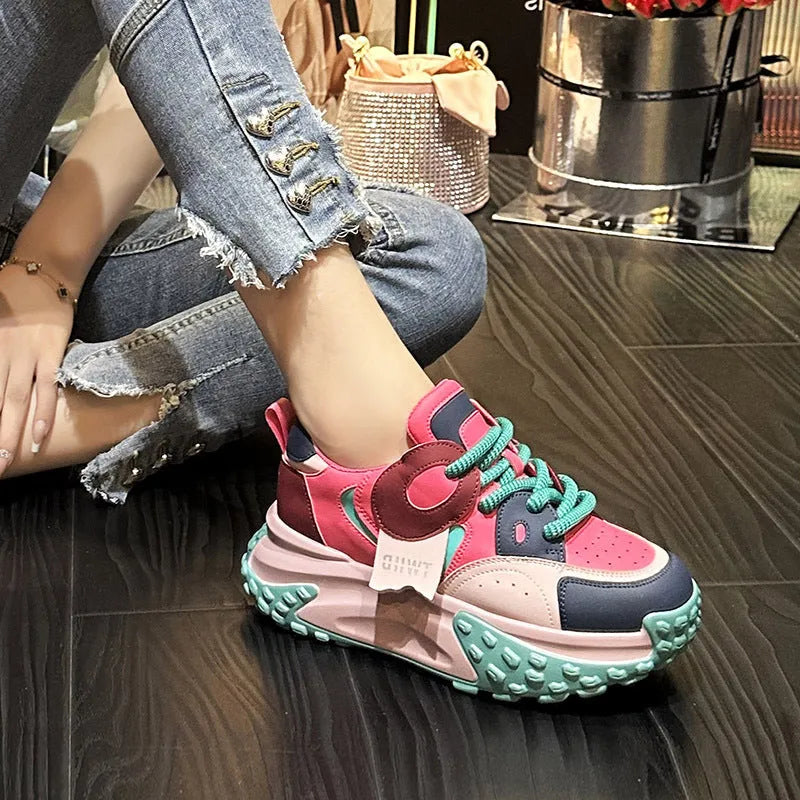 Thick-soled leather sports casual shoes with wedge heel and round toe in four colour options